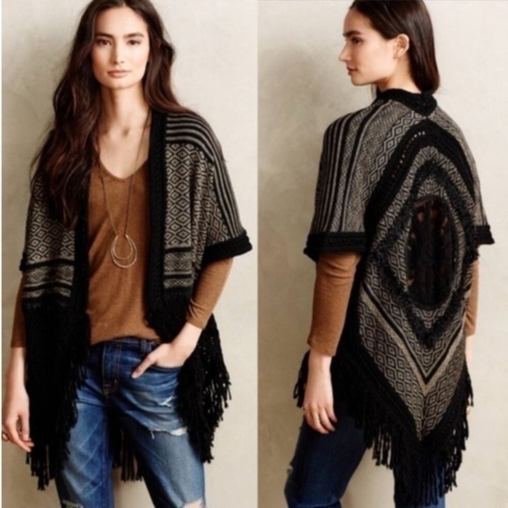 Anthropologie Black and Beige Knit Shawl